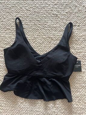 SPANX Black Textured Peplum Swim Top with V-Neck